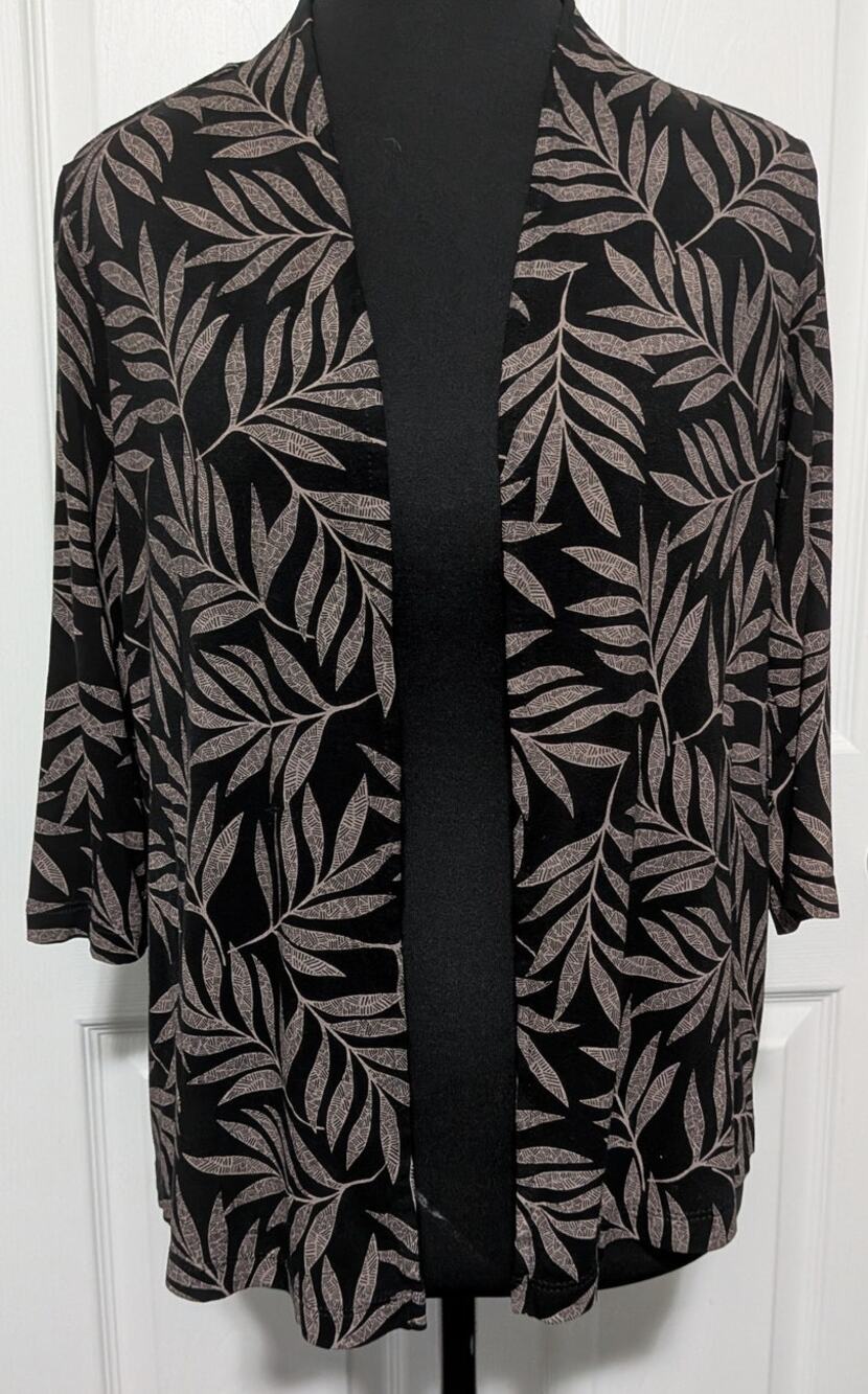 J. Jill Wearever Open Front Cardigan XS Petite Black Taupe Leaf Print 3/4 Sleeve